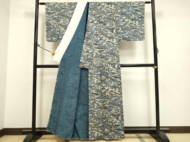 平和屋着物▽本藍　型絵染　小紋　単衣　松竹梅　風景文　正絹　逸品　DAAR5501du