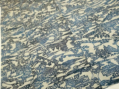 平和屋着物▽本藍　型絵染　小紋　単衣　松竹梅　風景文　正絹　逸品　DAAR5501du
