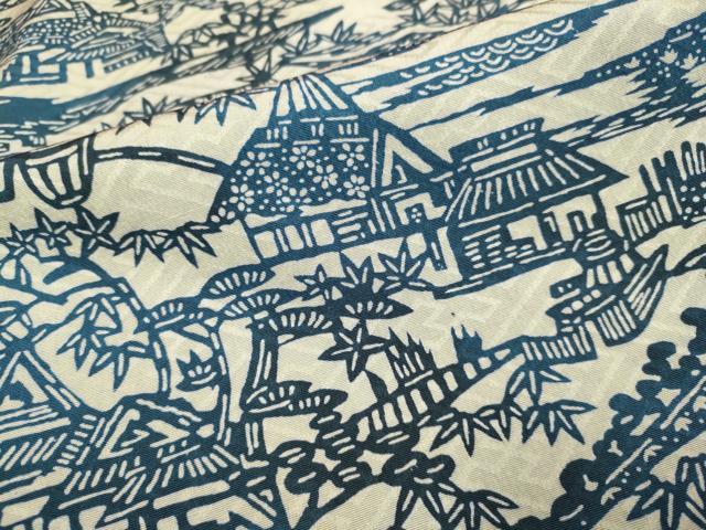 平和屋着物▽本藍　型絵染　小紋　単衣　松竹梅　風景文　正絹　逸品　DAAR5501du
