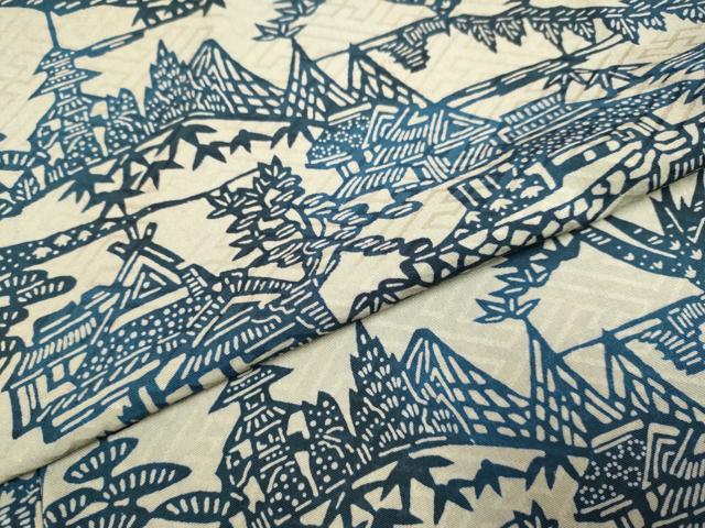 平和屋着物▽本藍　型絵染　小紋　単衣　松竹梅　風景文　正絹　逸品　DAAR5501du