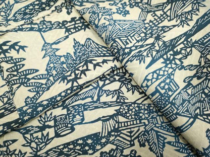 平和屋着物▽本藍　型絵染　小紋　単衣　松竹梅　風景文　正絹　逸品　DAAR5501du