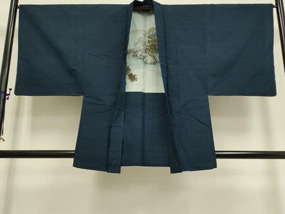 平和屋着物▽男性　紬　単衣　アンサンブル　暗い藍鉄色　正絹　逸品　DAAR5515du