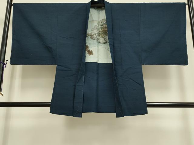 平和屋着物▽男性　紬　単衣　アンサンブル　暗い藍鉄色　正絹　逸品　DAAR5515du