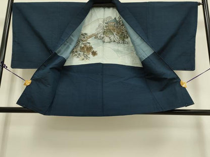 平和屋着物▽男性　紬　単衣　アンサンブル　暗い藍鉄色　正絹　逸品　DAAR5515du