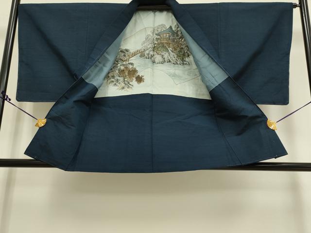 平和屋着物▽男性　紬　単衣　アンサンブル　暗い藍鉄色　正絹　逸品　DAAR5515du
