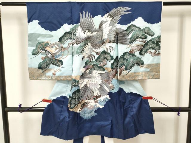 平和屋着物[]お宮参り　男の子　祝着　産着　初着　のしめ　鷹　鷲　松文　金銀彩　洗える着物　DAAR6231ma