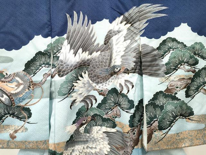 平和屋着物[]お宮参り　男の子　祝着　産着　初着　のしめ　鷹　鷲　松文　金銀彩　洗える着物　DAAR6231ma