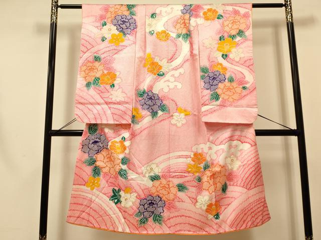 平和屋着物[]七五三　女の子　７歳　祝着　四つ身　駒刺繍　牡丹　笹竹花文　洗える着物　DAAR6295ma