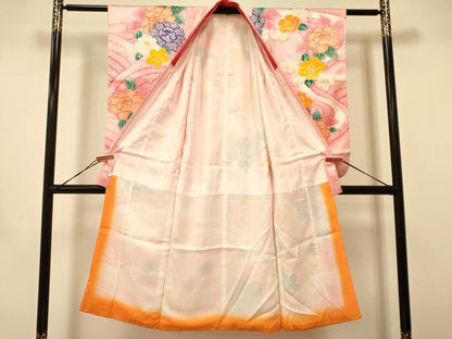 平和屋着物[]七五三　女の子　７歳　祝着　四つ身　駒刺繍　牡丹　笹竹花文　洗える着物　DAAR6295ma