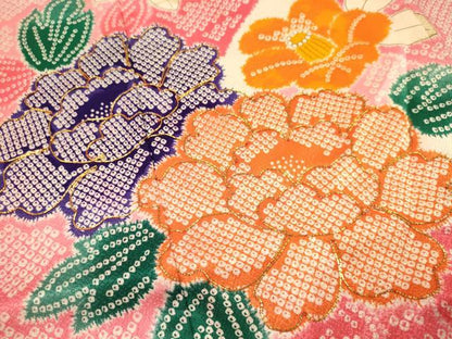 平和屋着物[]七五三　女の子　７歳　祝着　四つ身　駒刺繍　牡丹　笹竹花文　洗える着物　DAAR6295ma