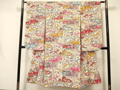 平和屋着物[]七五三　女の子　７歳　祝着　四つ身　型染　風景花文　逸品　DAAR6320ma