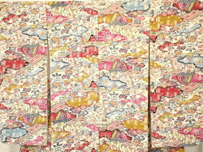 平和屋着物[]七五三　女の子　７歳　祝着　四つ身　型染　風景花文　逸品　DAAR6320ma