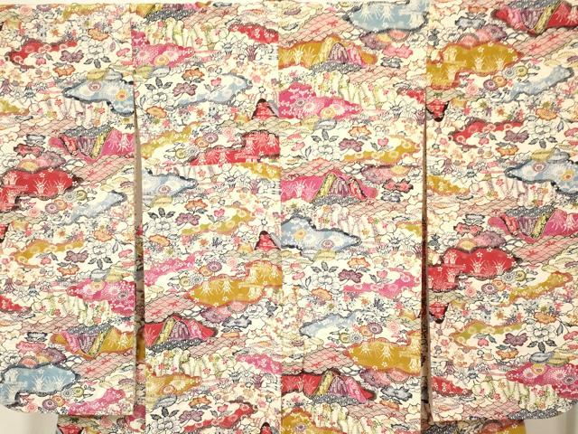 平和屋着物[]七五三　女の子　７歳　祝着　四つ身　型染　風景花文　逸品　DAAR6320ma