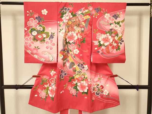 平和屋着物[]お宮参り　女の子　祝着　産着　初着　のしめ　鞠　束ね熨斗鼓牡丹花文　暈し染め　金彩　洗える着物　DAAR6354ma