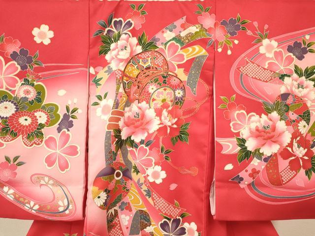 平和屋着物[]お宮参り　女の子　祝着　産着　初着　のしめ　鞠　束ね熨斗鼓牡丹花文　暈し染め　金彩　洗える着物　DAAR6354ma