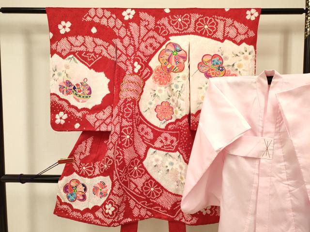 平和屋着物[]七五三　女の子　３歳　祝着　三つ身　長襦袢セット　駒刺繍　絞り　束ね熨斗花文　逸品　DAAR6361ma