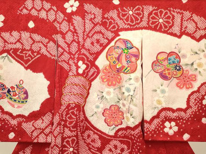 平和屋着物[]七五三　女の子　３歳　祝着　三つ身　長襦袢セット　駒刺繍　絞り　束ね熨斗花文　逸品　DAAR6361ma