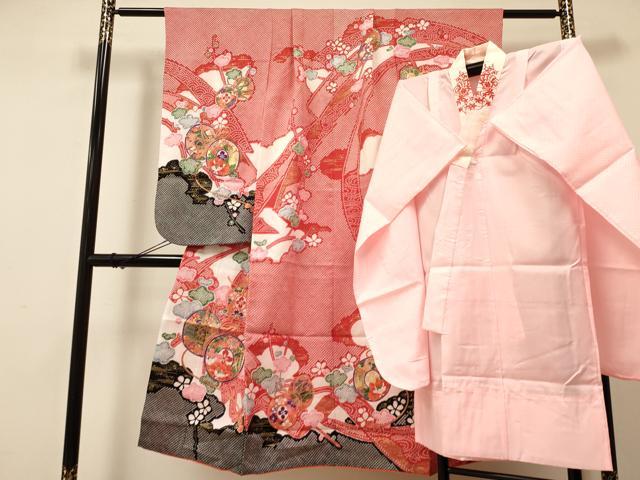 平和屋着物[]七五三　女の子　７歳　祝着　四つ身　襦袢(半衿刺繍)セット　鼓花文　金彩　洗える着物　DAAR6368ma