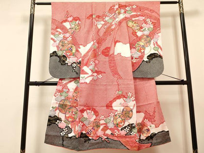 平和屋着物[]七五三　女の子　７歳　祝着　四つ身　襦袢(半衿刺繍)セット　鼓花文　金彩　洗える着物　DAAR6368ma