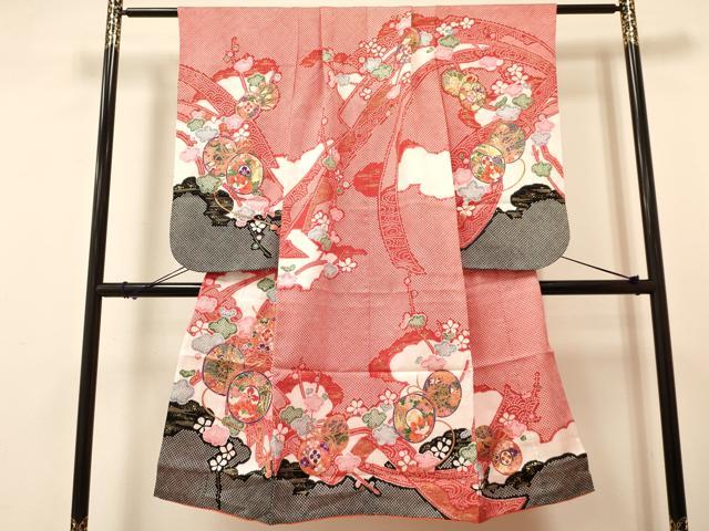 平和屋着物[]七五三　女の子　７歳　祝着　四つ身　襦袢(半衿刺繍)セット　鼓花文　金彩　洗える着物　DAAR6368ma