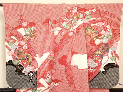 平和屋着物[]七五三　女の子　７歳　祝着　四つ身　襦袢(半衿刺繍)セット　鼓花文　金彩　洗える着物　DAAR6368ma