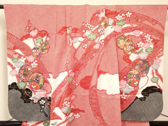 平和屋着物[]七五三　女の子　７歳　祝着　四つ身　襦袢(半衿刺繍)セット　鼓花文　金彩　洗える着物　DAAR6368ma