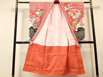 平和屋着物[]七五三　女の子　７歳　祝着　四つ身　襦袢(半衿刺繍)セット　鼓花文　金彩　洗える着物　DAAR6368ma