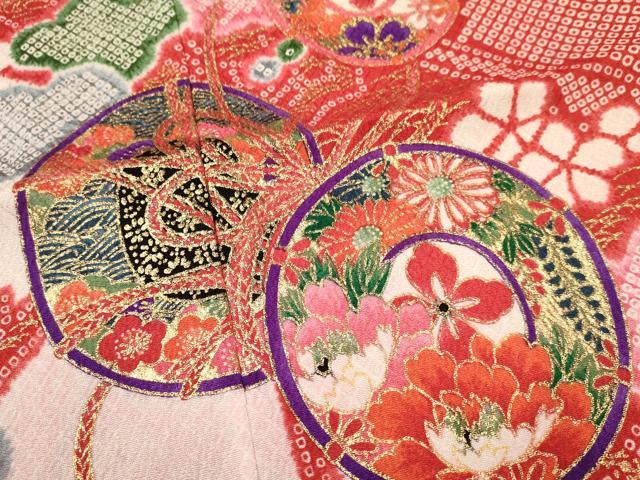 平和屋着物[]七五三　女の子　７歳　祝着　四つ身　襦袢(半衿刺繍)セット　鼓花文　金彩　洗える着物　DAAR6368ma