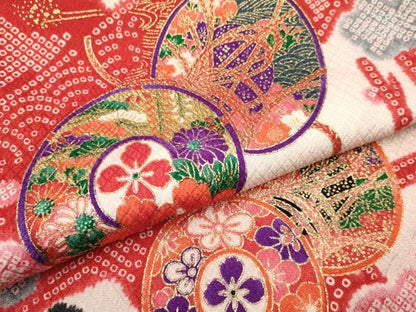 平和屋着物[]七五三　女の子　７歳　祝着　四つ身　襦袢(半衿刺繍)セット　鼓花文　金彩　洗える着物　DAAR6368ma