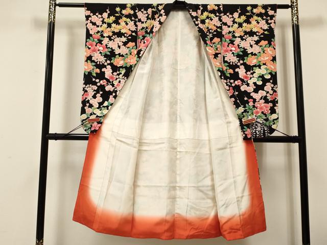 平和屋着物[]七五三　女の子　７歳　祝着　四つ身　袋帯・小物セット　手描き　牡丹花文　黒地　金彩　逸品　DAAR6386ma