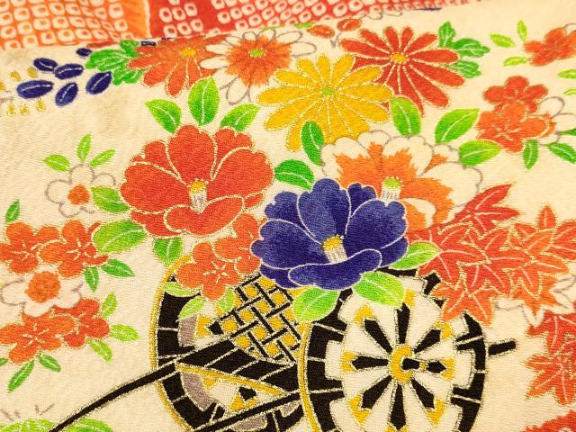 平和屋着物[]七五三　女の子　３歳　祝着　三つ身　被布セット　駒刺繍　花車文　金彩　洗える着物　DAAR6392ma