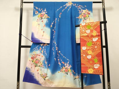 平和屋着物∵女の子 十三参り 子供 祝着・袋帯セット 華小町 扇面花蝶文 暈し染め 金彩 逸品 DAAR6395ma