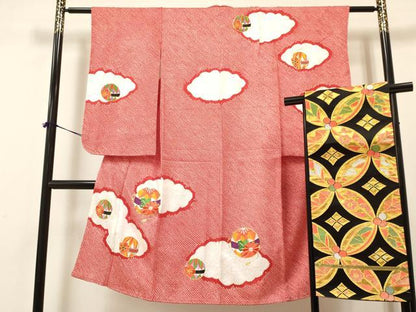 平和屋着物[]七五三　女の子　７歳　祝着　四つ身　袋帯セット　駒刺繍　絞り　雲取り鞠花文　逸品　DAAR6398ma
