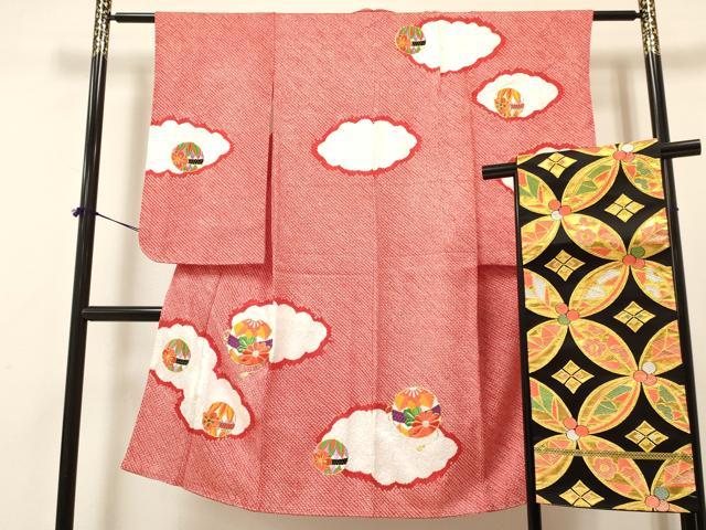 平和屋着物[]七五三　女の子　７歳　祝着　四つ身　袋帯セット　駒刺繍　絞り　雲取り鞠花文　逸品　DAAR6398ma