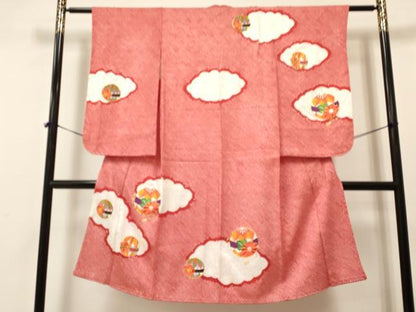 平和屋着物[]七五三　女の子　７歳　祝着　四つ身　袋帯セット　駒刺繍　絞り　雲取り鞠花文　逸品　DAAR6398ma