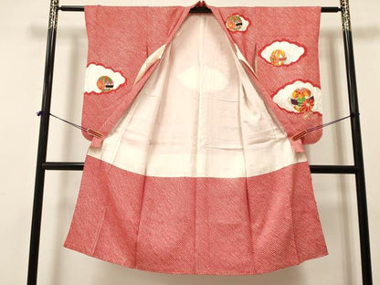 平和屋着物[]七五三　女の子　７歳　祝着　四つ身　袋帯セット　駒刺繍　絞り　雲取り鞠花文　逸品　DAAR6398ma