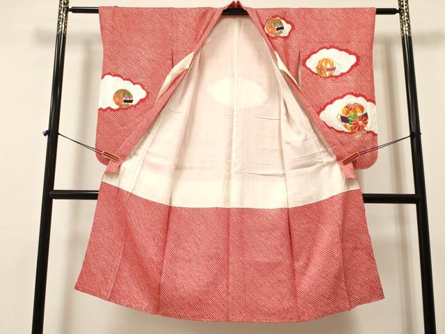 平和屋着物[]七五三　女の子　７歳　祝着　四つ身　袋帯セット　駒刺繍　絞り　雲取り鞠花文　逸品　DAAR6398ma