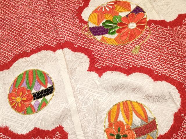 平和屋着物[]七五三　女の子　７歳　祝着　四つ身　袋帯セット　駒刺繍　絞り　雲取り鞠花文　逸品　DAAR6398ma