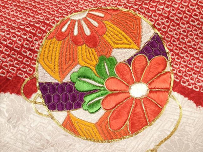 平和屋着物[]七五三　女の子　７歳　祝着　四つ身　袋帯セット　駒刺繍　絞り　雲取り鞠花文　逸品　DAAR6398ma