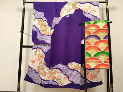 平和屋着物∵女の子 十三参り 子供 袋帯セット 絞り 花車文 金彩 逸品 DAAR6459ma