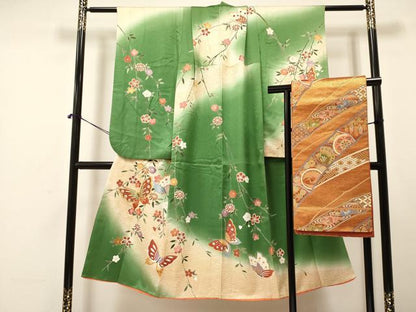 平和屋着物[]七五三　女の子　７歳　祝着　四つ身　袋帯セット　駒刺繍　花蝶文　暈し染め　金彩　逸品　DAAR6461ma
