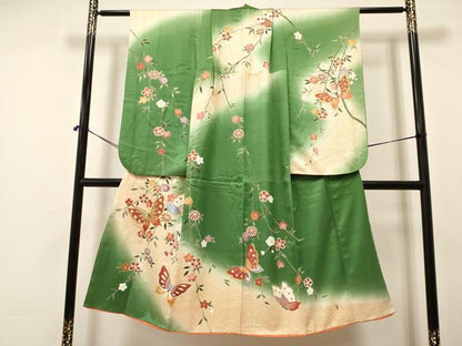 平和屋着物[]七五三　女の子　７歳　祝着　四つ身　袋帯セット　駒刺繍　花蝶文　暈し染め　金彩　逸品　DAAR6461ma