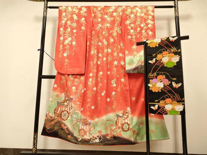 平和屋着物∵女の子 十三参り 子供 祝着・袋帯セット 御所車花蝶文 暈し染め 金彩 逸品 DAAR6463ma