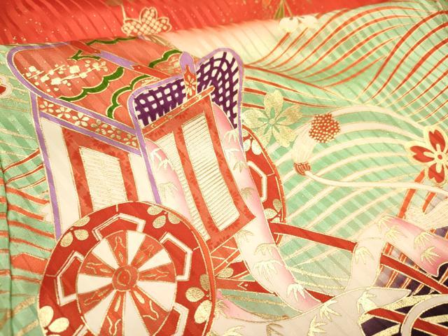 平和屋着物∵女の子 十三参り 子供 祝着・袋帯セット 御所車花蝶文 暈し染め 金彩 逸品 DAAR6463ma