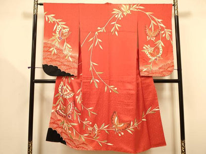 平和屋着物∵女の子　十三参り　子供　祝着・襦袢(無双仕立て・半衿刺繍)・袋帯セット　絞り　花蝶文　金彩　逸品　DAAR6468ma