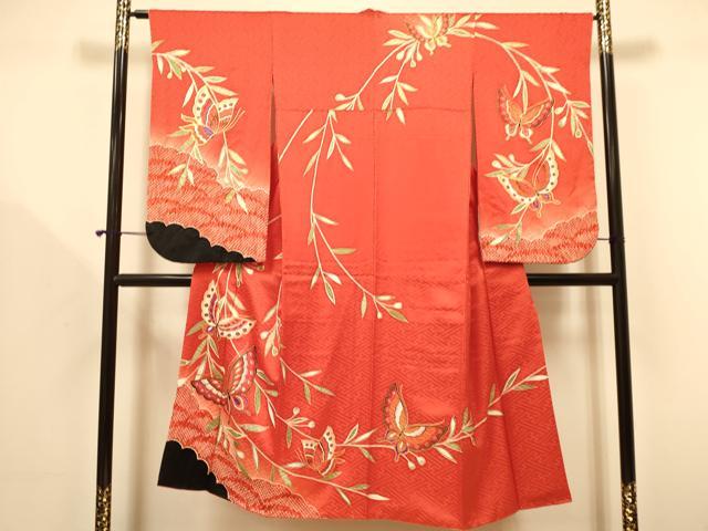 平和屋着物∵女の子　十三参り　子供　祝着・襦袢(無双仕立て・半衿刺繍)・袋帯セット　絞り　花蝶文　金彩　逸品　DAAR6468ma