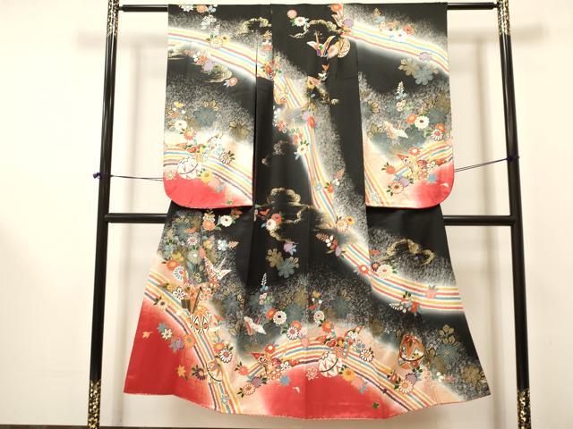 平和屋着物∵女の子 十三参り 子供 駒刺繍 折り鶴 鞠花文 暈し染め 黒地 金彩 逸品 DAAR6478ma