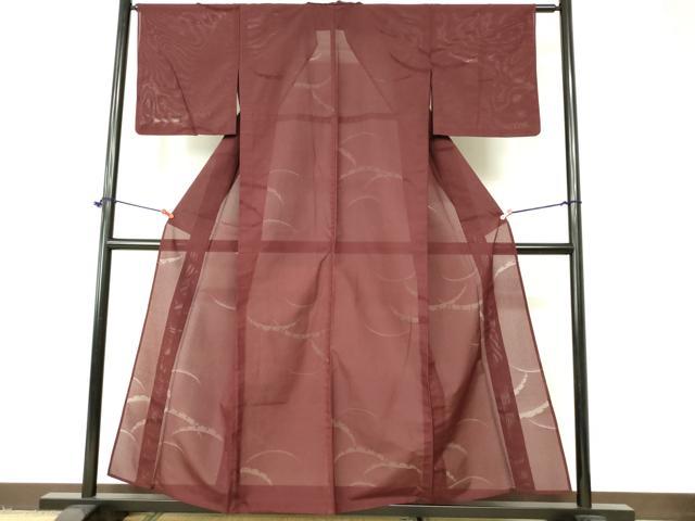平和屋着物＊夏物　色無地　雪芝紋紗　マルーン色　正絹　逸品　DAAR9301op