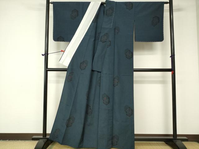 平和屋着物▽上質なお召　単衣　越後絣　亀甲花文　証紙付き　正絹　逸品　未使用　DAAR9636op