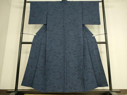 平和屋着物▽本藍 型絵染 小紋 単衣 風景花文 反端付き 正絹 逸品 DAAS0066az